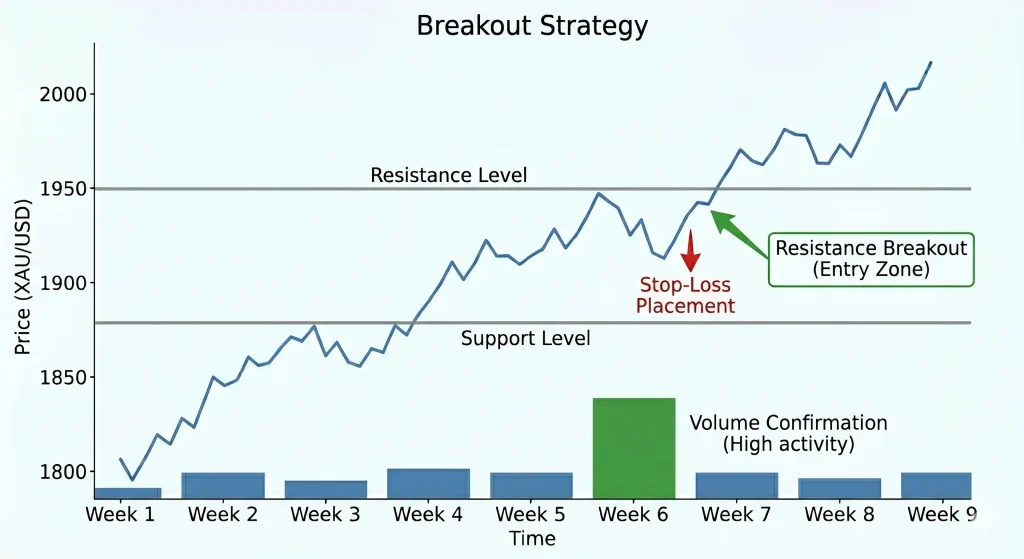 Line chart titled 'Breakout Strategy' showing price rising above Resistance Level with an Entry Zone and Stop-Loss placement; weekly volume bars below.