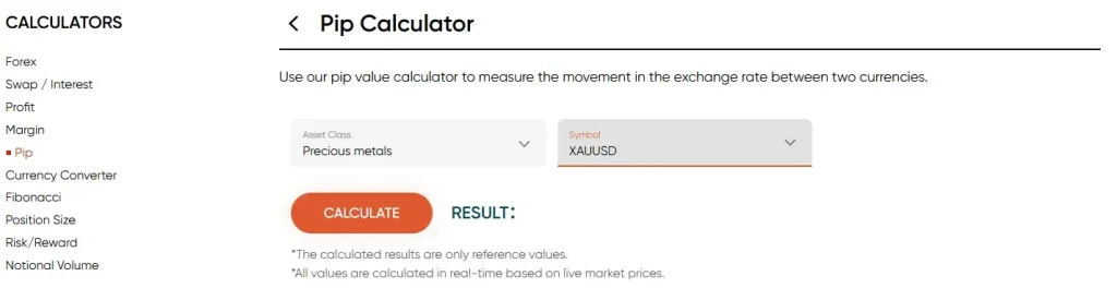 Vantage pip calculator with Precious metals selected as the asset class and XAUUSD selected as the symbol