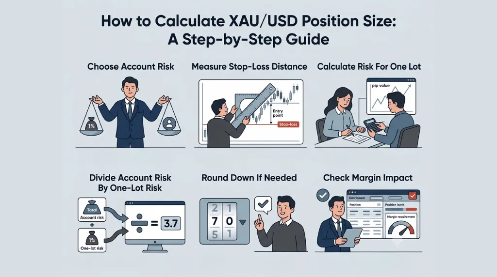 infographic on how to calculate XAUUSD position size a step-by-step guide for XAUUSD risk management Vantage Markets