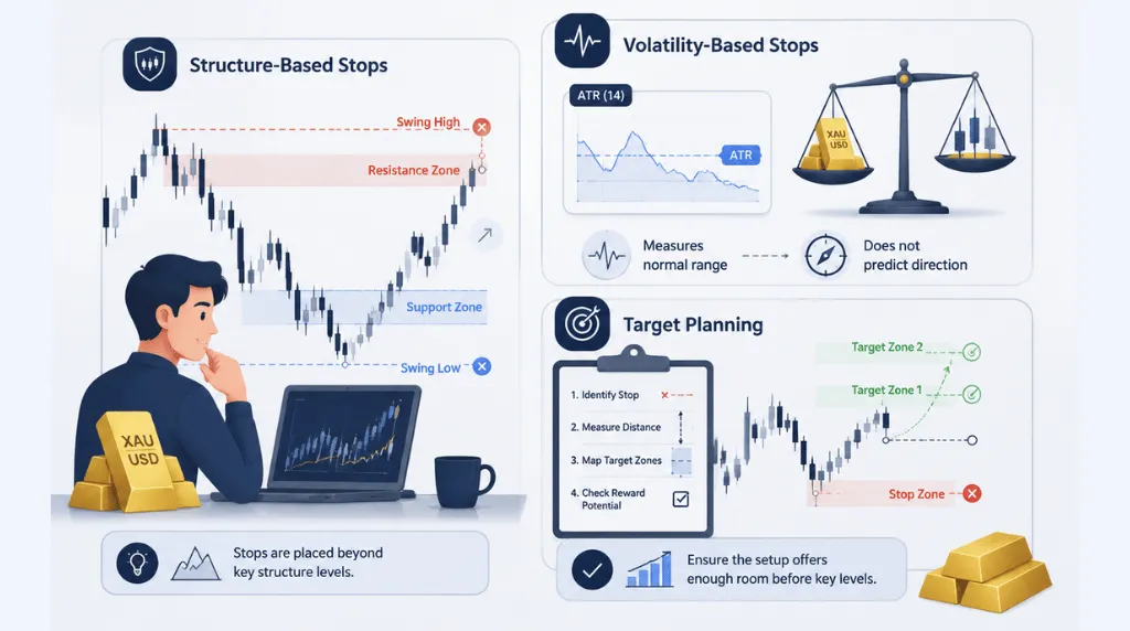 infographic on setting stop-loss and target levels on XAUUSD for XAUUSD risk management Vantage Markets