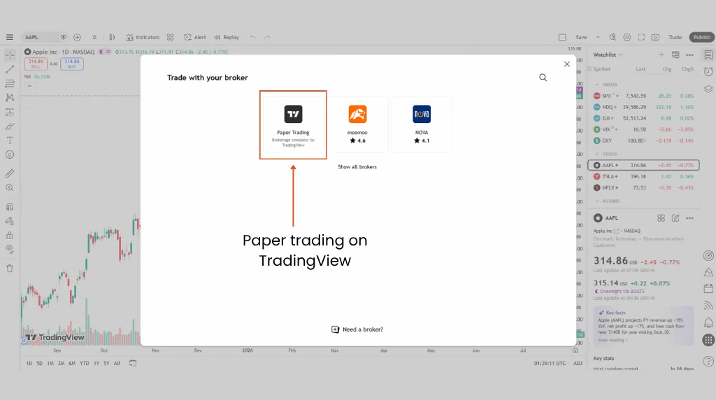 TradingView broker selection window with the Paper Trading simulator highlighted