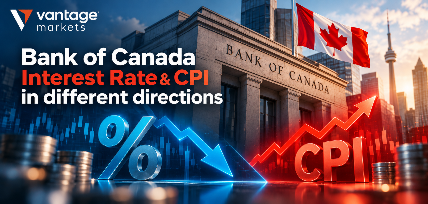 Illustration contrasting falling interest rates and rising Canadian CPI