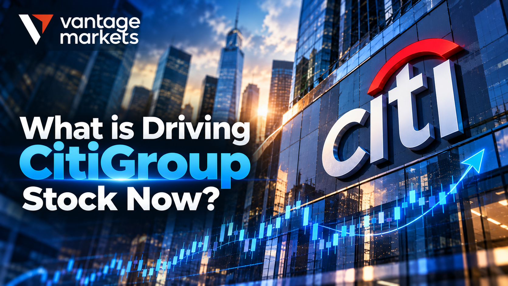 Illustrative Citigroup stock momentum graphic with Citi branding and a rising market-chart motif