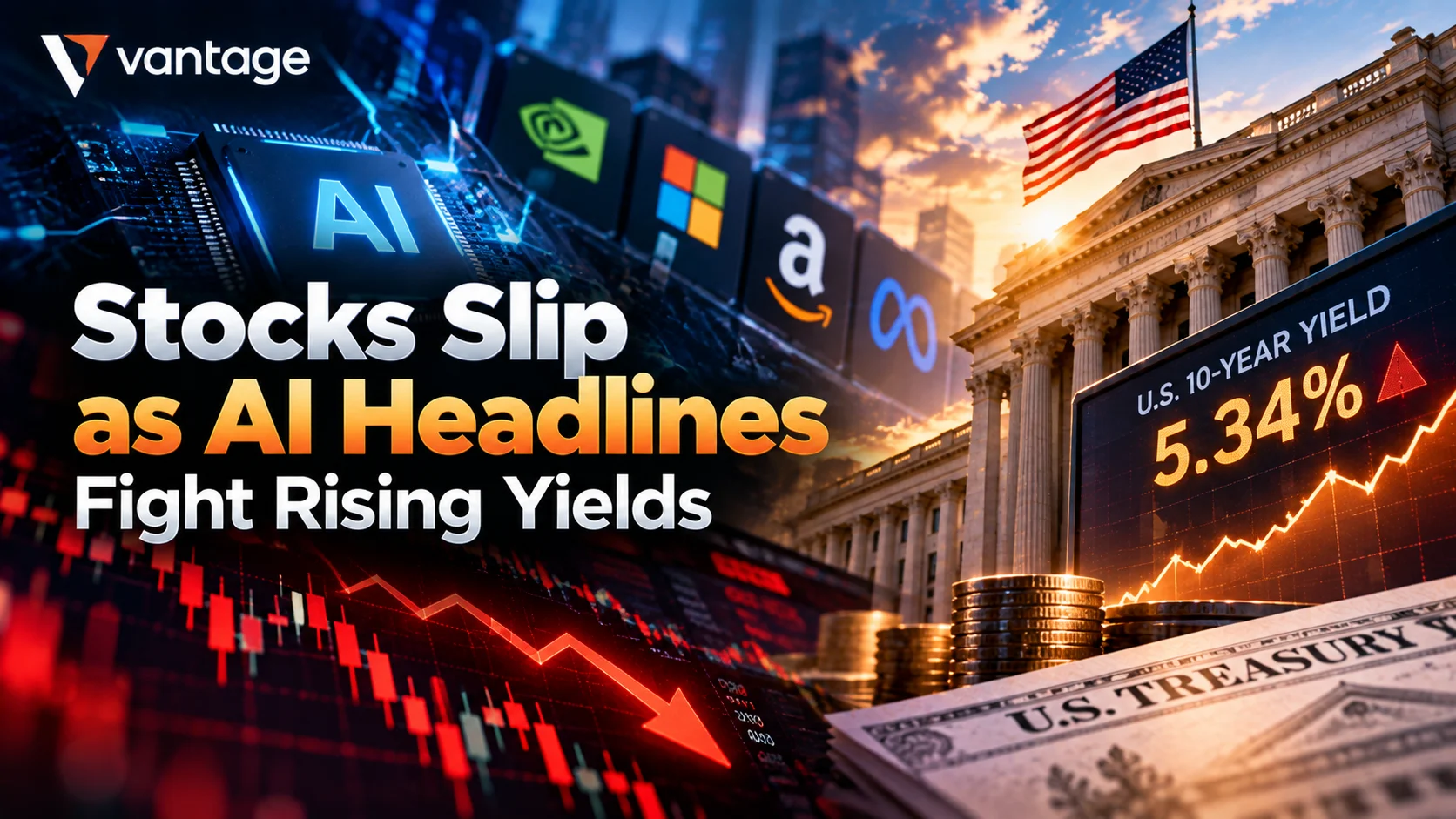US 10-year Treasury yield rises to 5.34% as AI headlines and falling stock charts compete.
