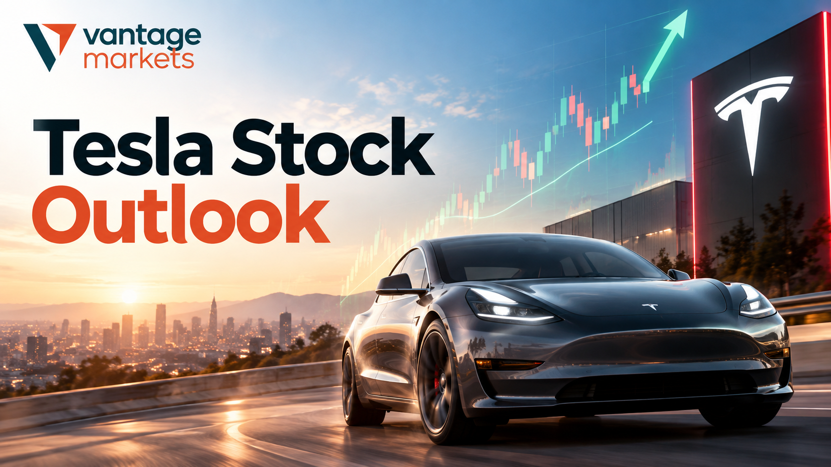 Tesla stock outlook illustration with an electric vehicle and rising chart