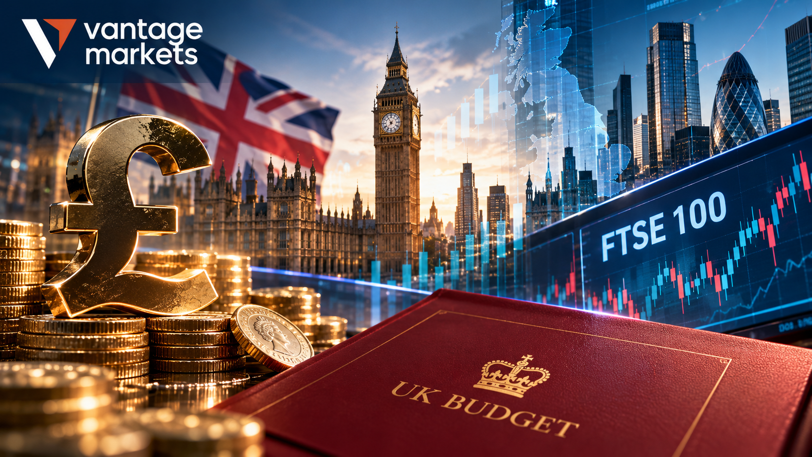 Illustration of Parliament, pound sterling and FTSE 100 market graphics